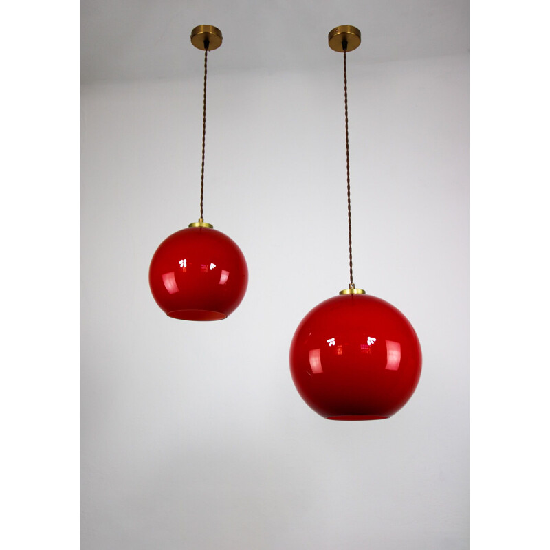 Pair of vintage red glass pendant lamps