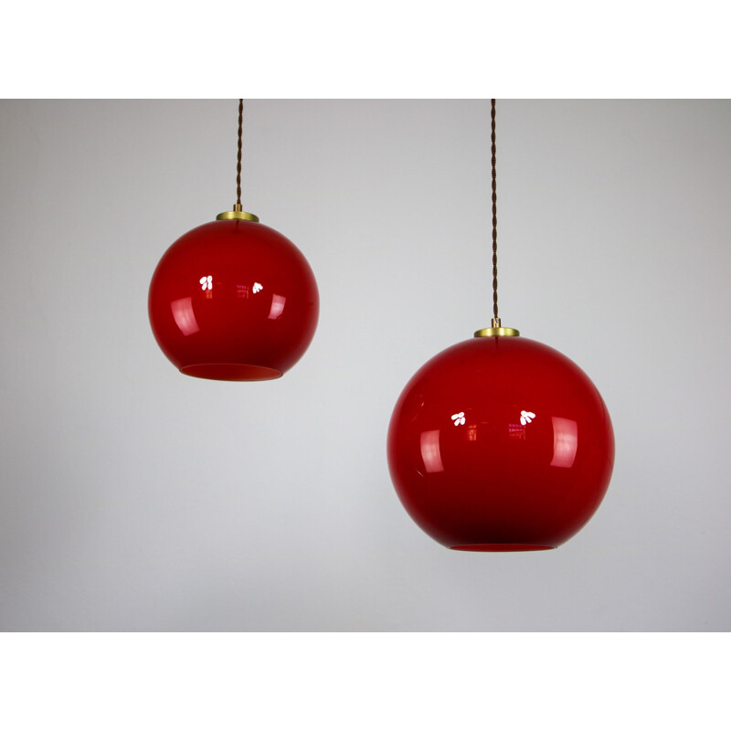 Pair of vintage red glass pendant lamps
