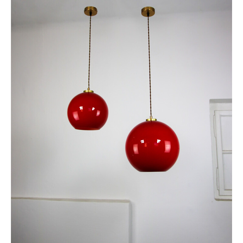 Pair of vintage red glass pendant lamps