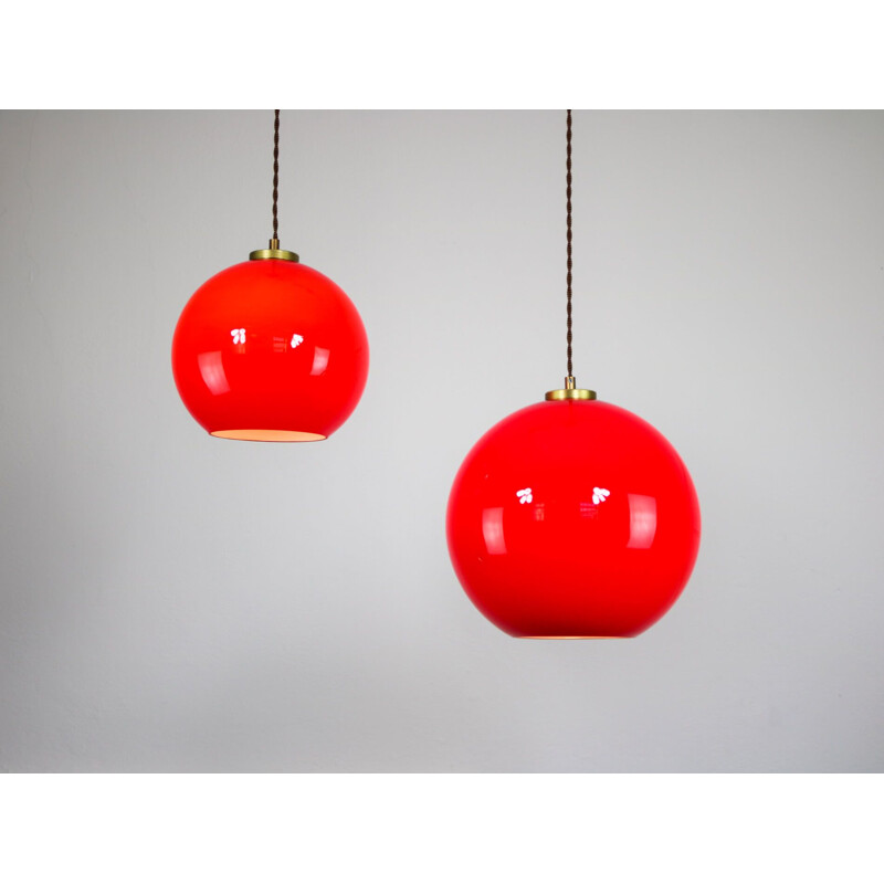 Pair of vintage red glass pendant lamps