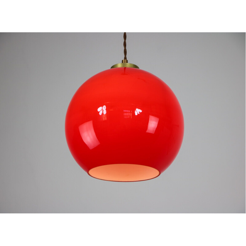 Pair of vintage red glass pendant lamps