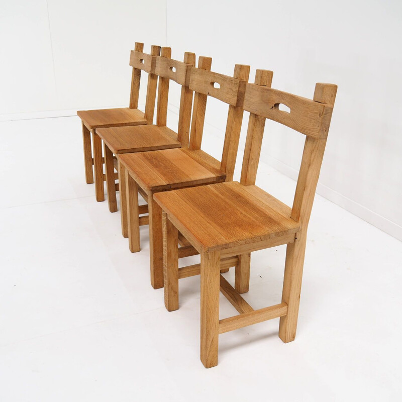 Set of 6 brutalist vintage chairs in solid oakwood, Belgium 1970s