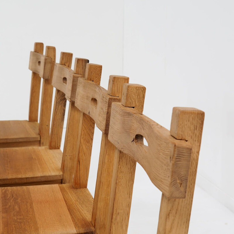 Ensemble de 6 chaises vintage brutalistes en chêne massif, Belgique 1970