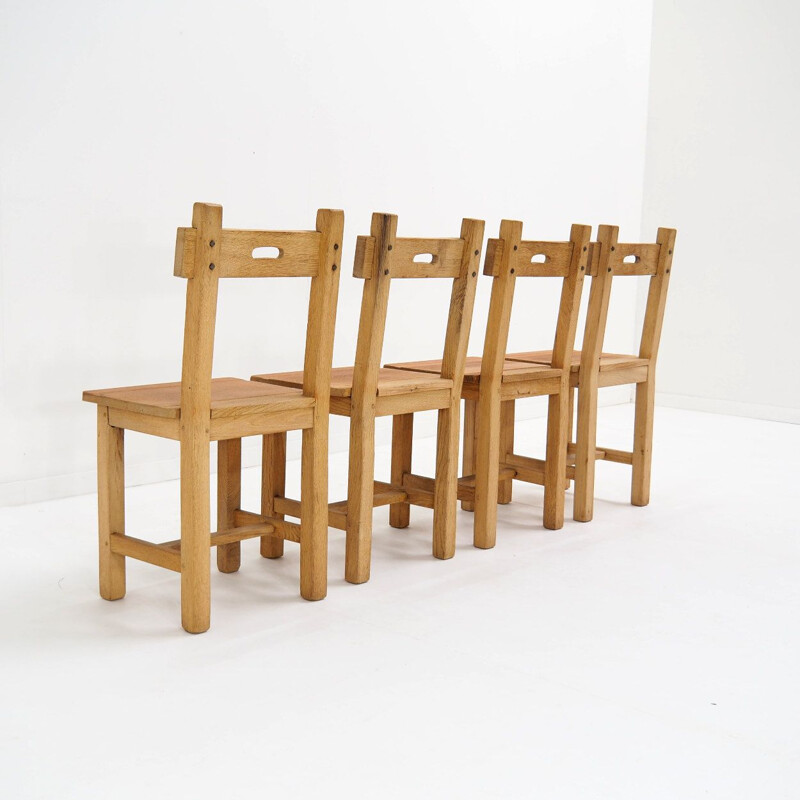 Set of 6 brutalist vintage chairs in solid oakwood, Belgium 1970s