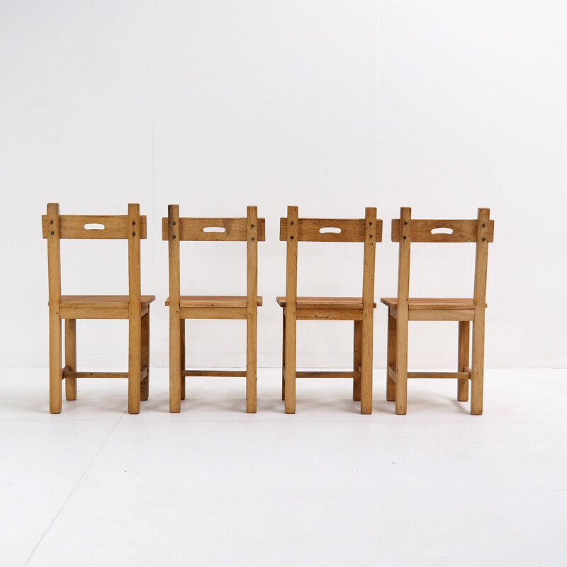Set of 6 brutalist vintage chairs in solid oakwood, Belgium 1970s