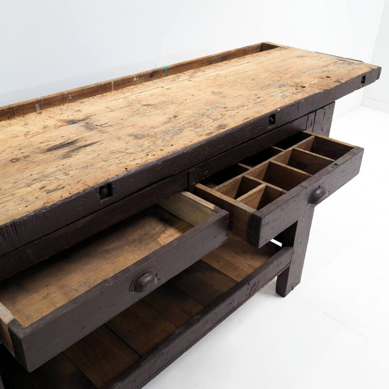 Brown painted vintage desk with shelf and drawers, 1950