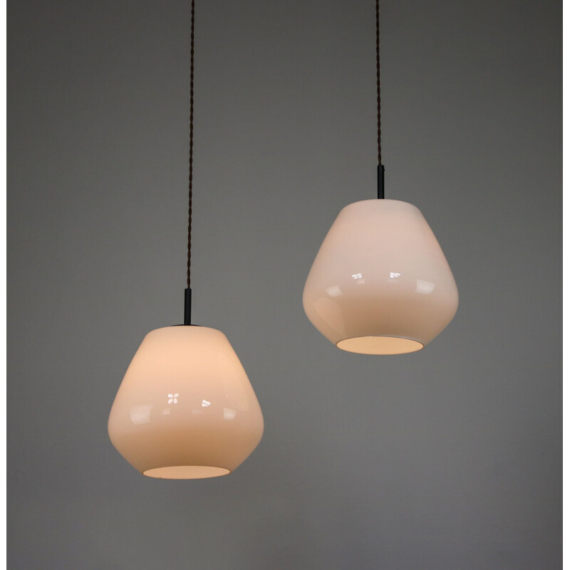 Pair of mid-century Danish opaline glass pendant lamps