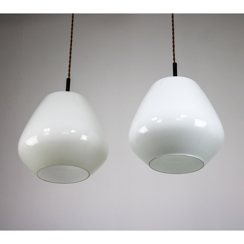 Pair of mid-century Danish opaline glass pendant lamps