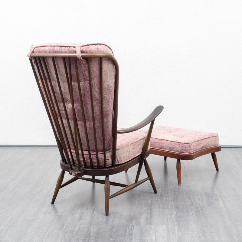 Ercol "Windsor 478" armchair with its ottoman in ashwood and rose fabric, L. ERCOLANI - 1950s