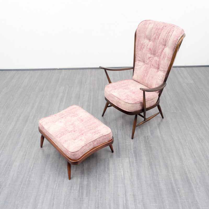 Ercol "Windsor 478" armchair with its ottoman in ashwood and rose fabric, L. ERCOLANI - 1950s