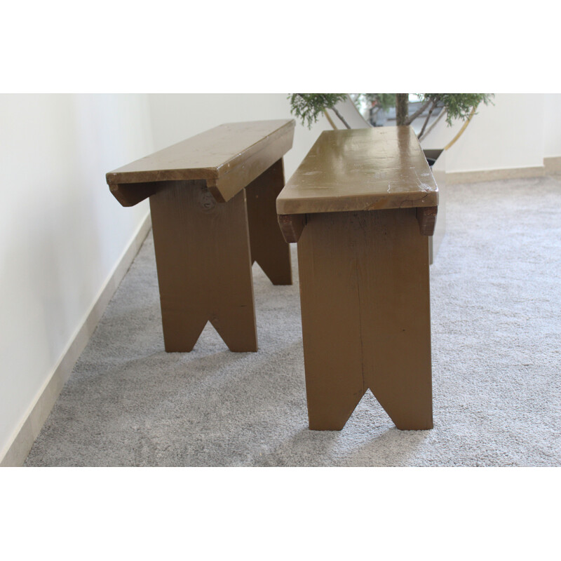 Pair of vintage spruce benches, Italy 1950