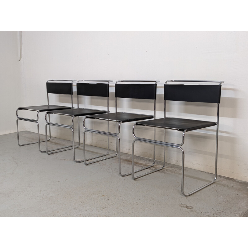 Set of 4 vintage chairs in chromed metal and leather by Giovanni Carini for Planula, 1970