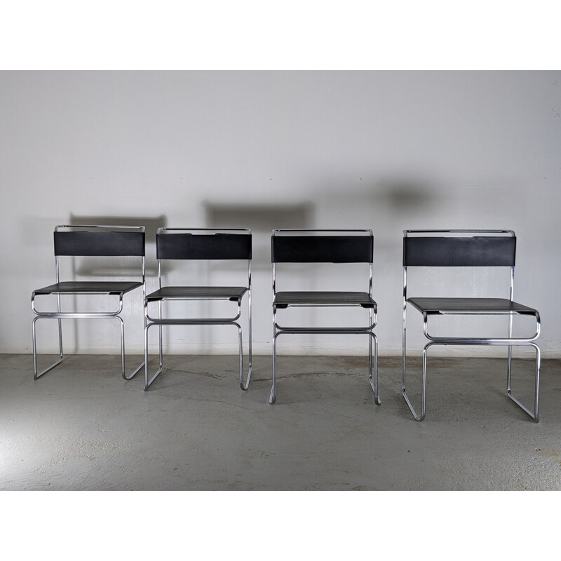 Lot de 4 chaises vintage en métal chromé et cuir par Giovanni Carini pour Planula, 1970