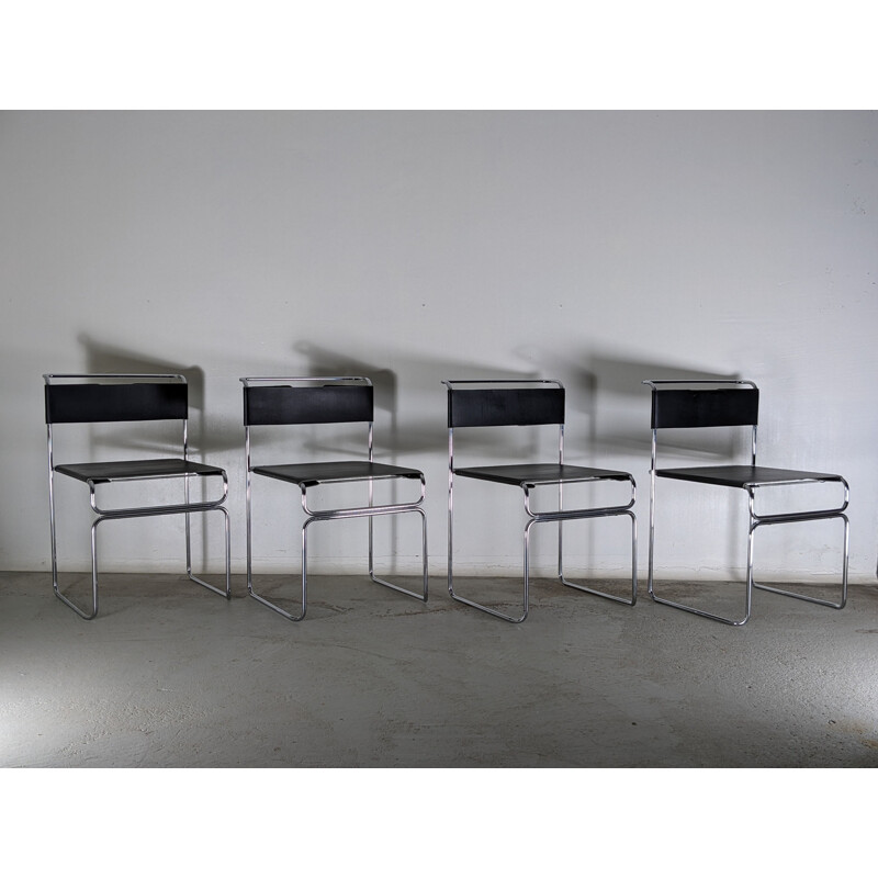 Lot de 4 chaises vintage en métal chromé et cuir par Giovanni Carini pour Planula, 1970