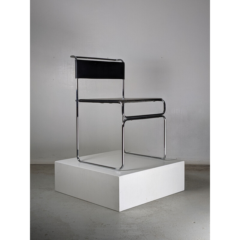 Set of 4 vintage chairs in chromed metal and leather by Giovanni Carini for Planula, 1970