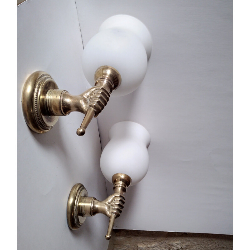 Pair of vintage wall lamps in bronze and opaline by Jansen