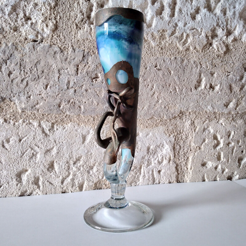 Vase vintage en verre soufflé par Filip Ravert, 1980