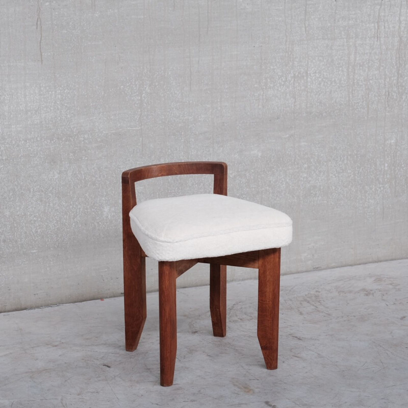 "Rubercrin" mid-century oakwood stool in alpaca fabric by Guillerme et Chambron, France 1960