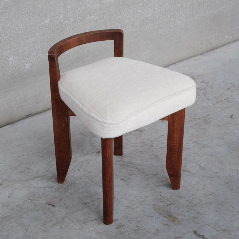 "Rubercrin" mid-century oakwood stool in alpaca fabric by Guillerme et Chambron, France 1960