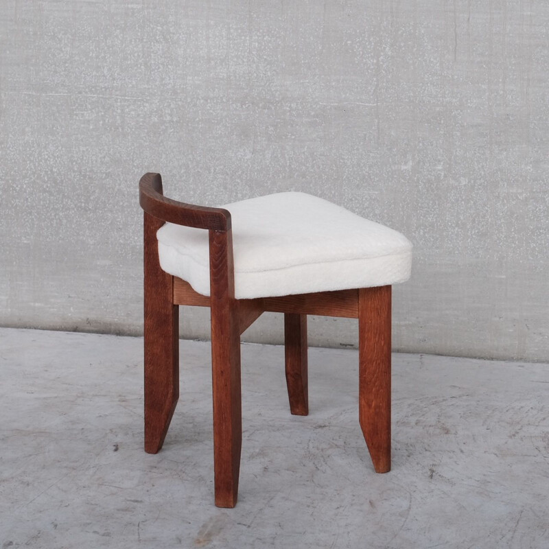 "Rubercrin" mid-century oakwood stool in alpaca fabric by Guillerme et Chambron, France 1960