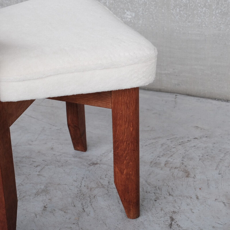 "Rubercrin" mid-century oakwood stool in alpaca fabric by Guillerme et Chambron, France 1960