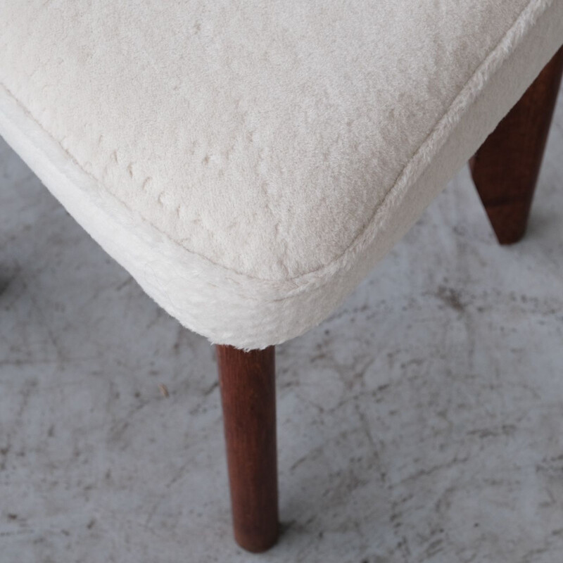 "Rubercrin" mid-century oakwood stool in alpaca fabric by Guillerme et Chambron, France 1960