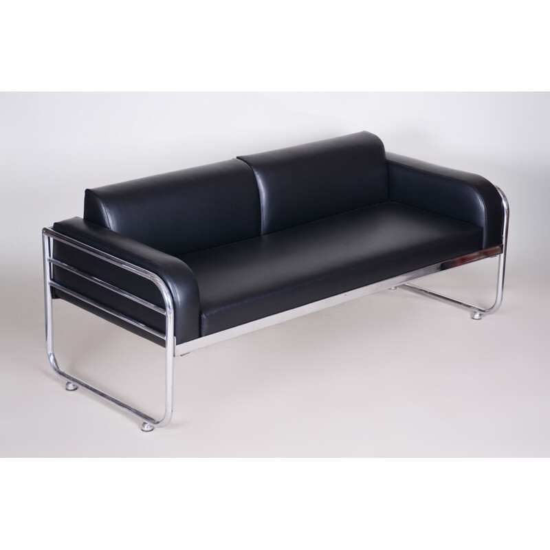 Vintage black leather sofa by Vichr a Spol, 1930s