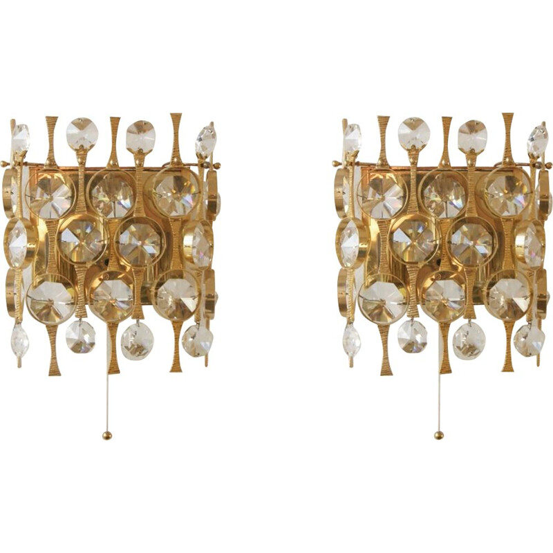 Pair of vintage Hollywood Regency brass and crystal glass wall lamps by Palwa