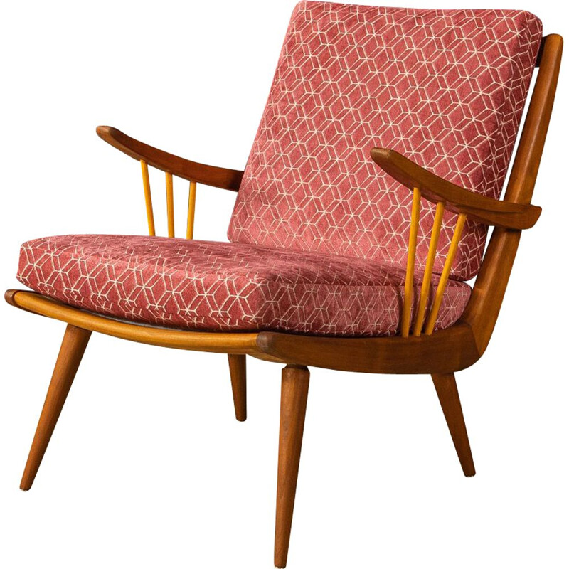 Vintage cherry wood and fabric armchair, Germany 1950s