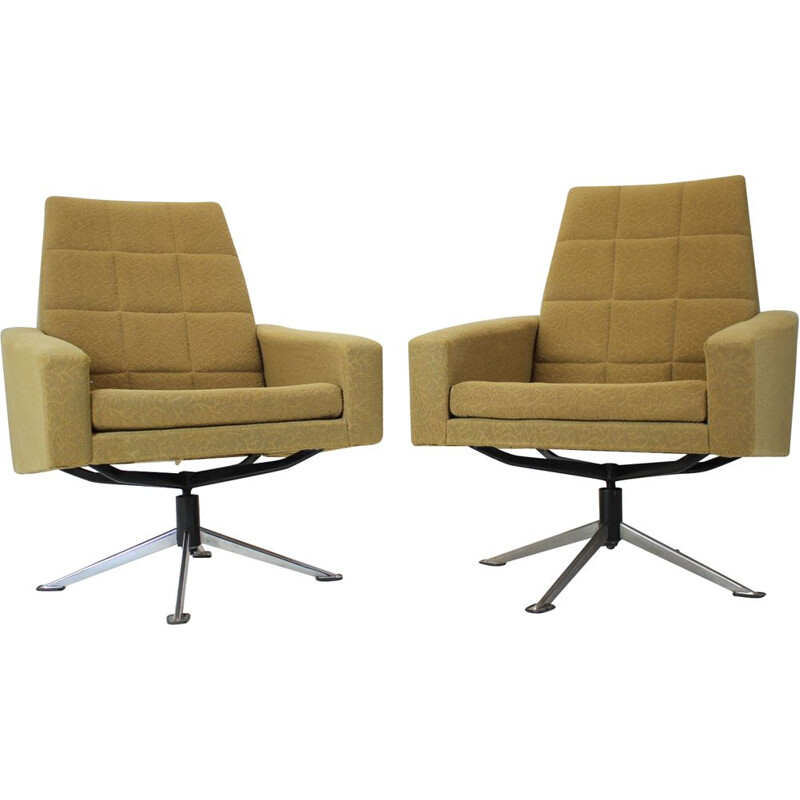 Pair of vintage metal and fabric swivel armchairs, Czechoslovakia 1970s