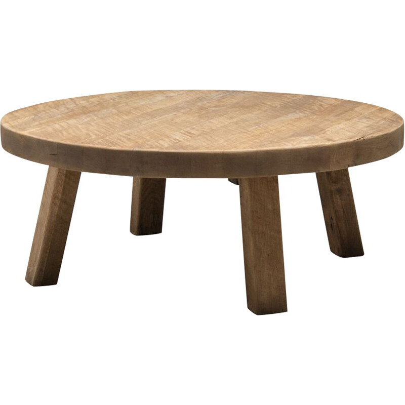Round Brutalist vintage coffee table in solid oakwood, 1970