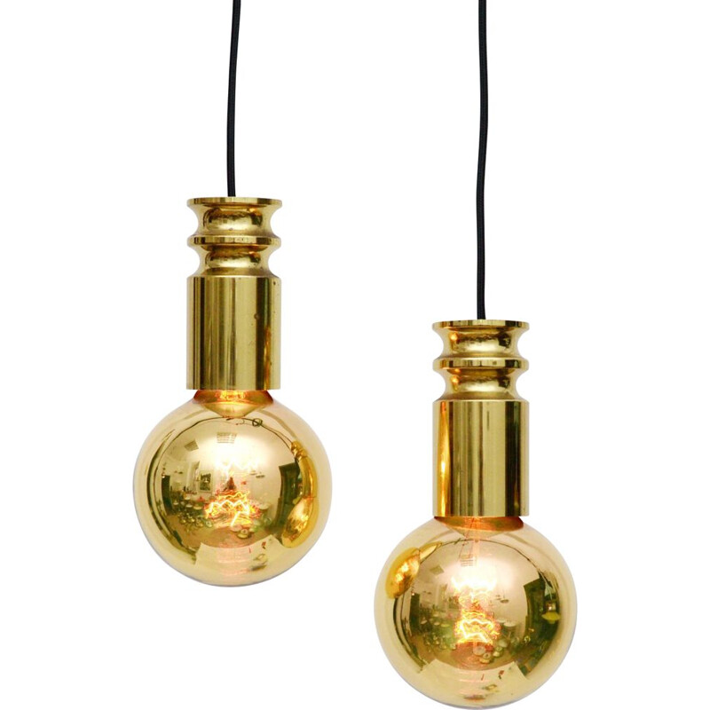 Pair of vintage pendant lamps in brass, Denmark 1950s