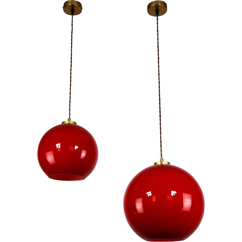 Pair of vintage red glass pendant lamps