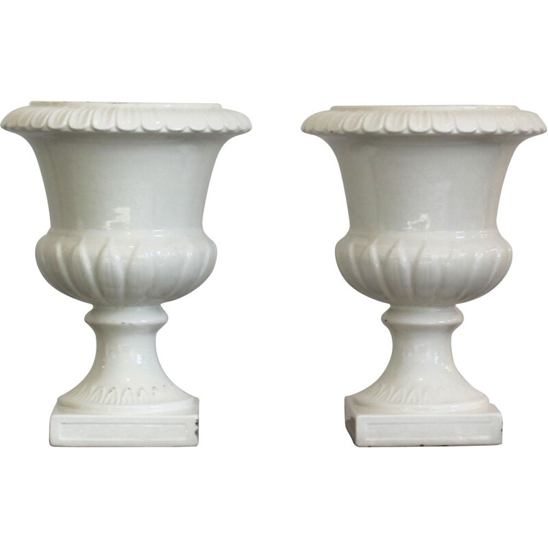 Pair of vintage white lacquered ceramic vases by Capuani Este, Italy 1900