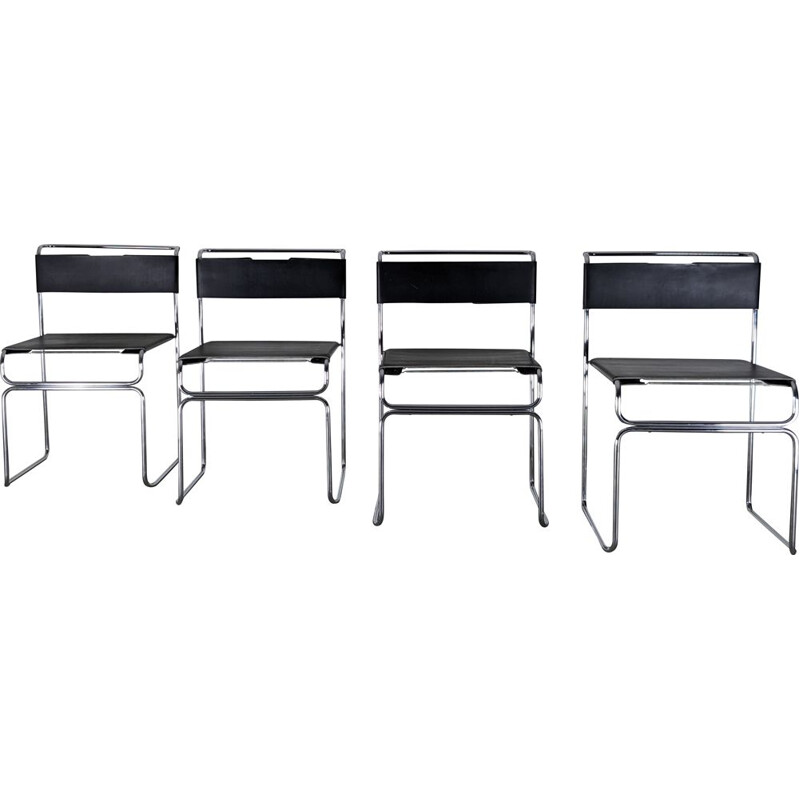 Set of 4 vintage chairs in chromed metal and leather by Giovanni Carini for Planula, 1970