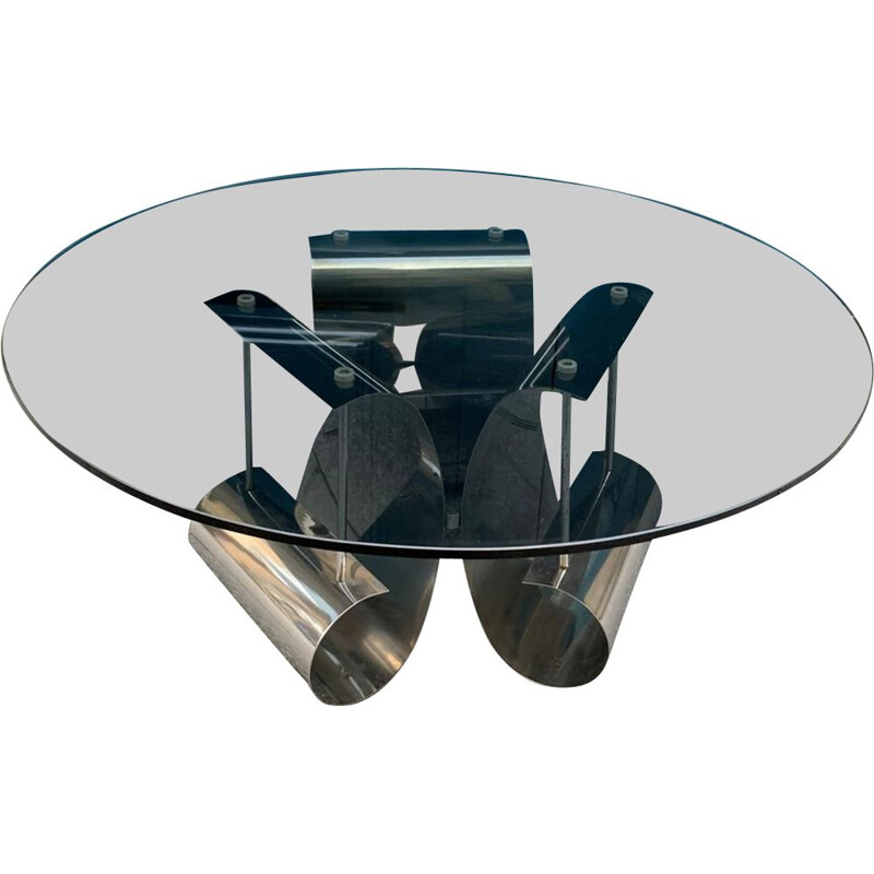 Vintage glass coffee table with steel legs, 1970