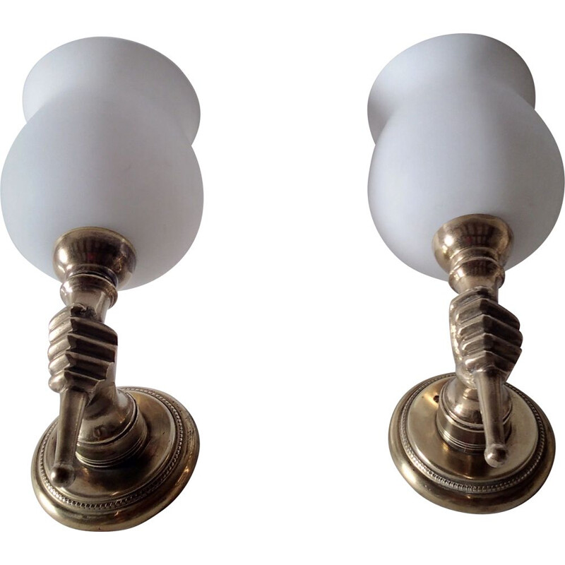 Pair of vintage wall lamps in bronze and opaline by Jansen