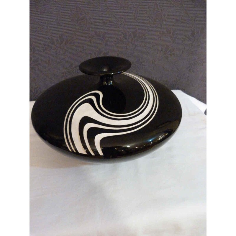 "Toupie" vase in black enameled ceramic - 1960s