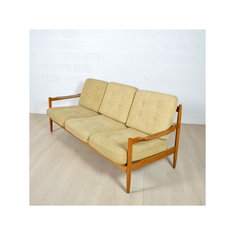 Danish 3-seater sofa in light wood and beige fabric - 1960s