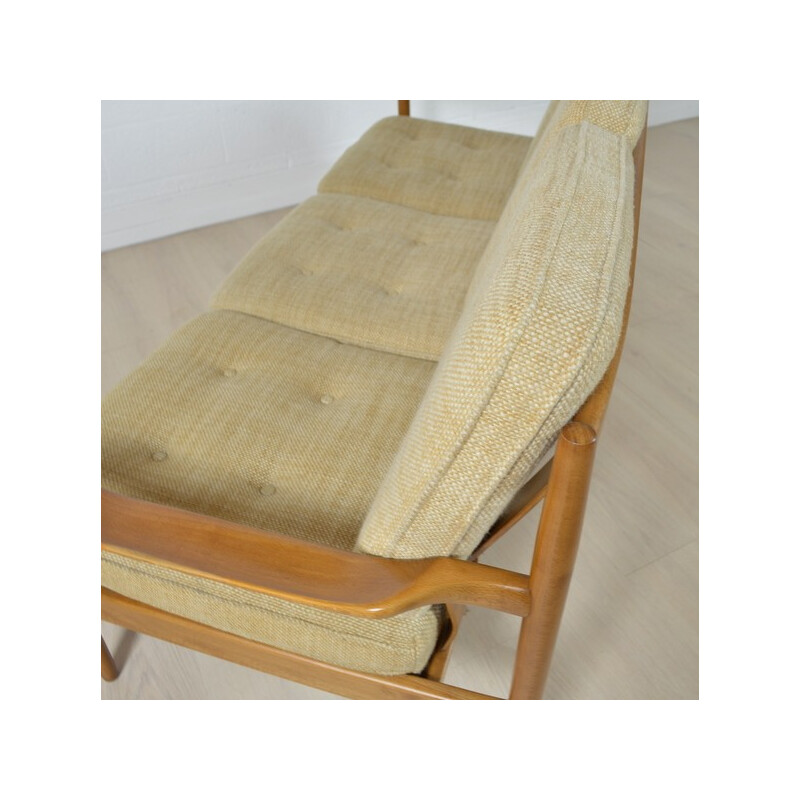 Danish 3-seater sofa in light wood and beige fabric - 1960s