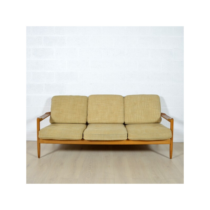 Danish 3-seater sofa in light wood and beige fabric - 1960s