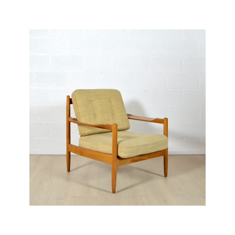 Danish armchair in light wood and beige fabric - 1960s