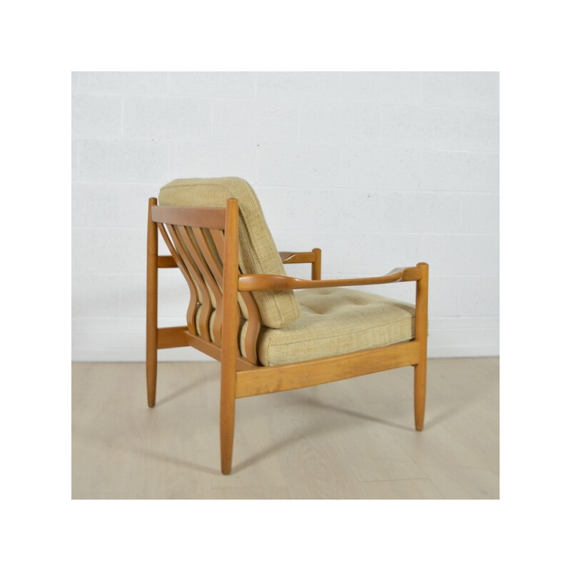 Fauteuil scandinave en bois blond et tissu beige - 1960