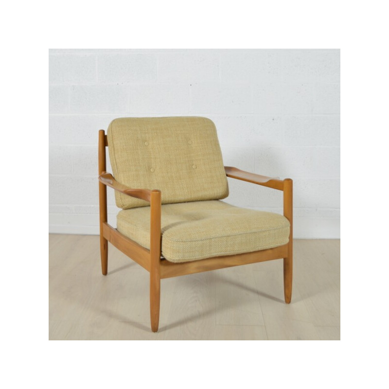 Danish armchair in light wood and beige fabric - 1960s