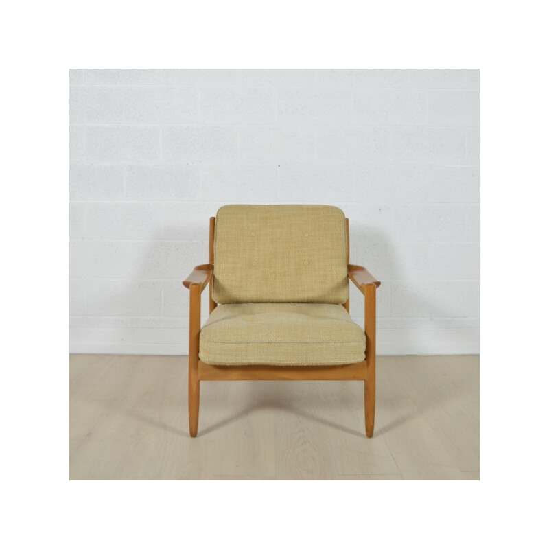 Danish armchair in light wood and beige fabric - 1960s