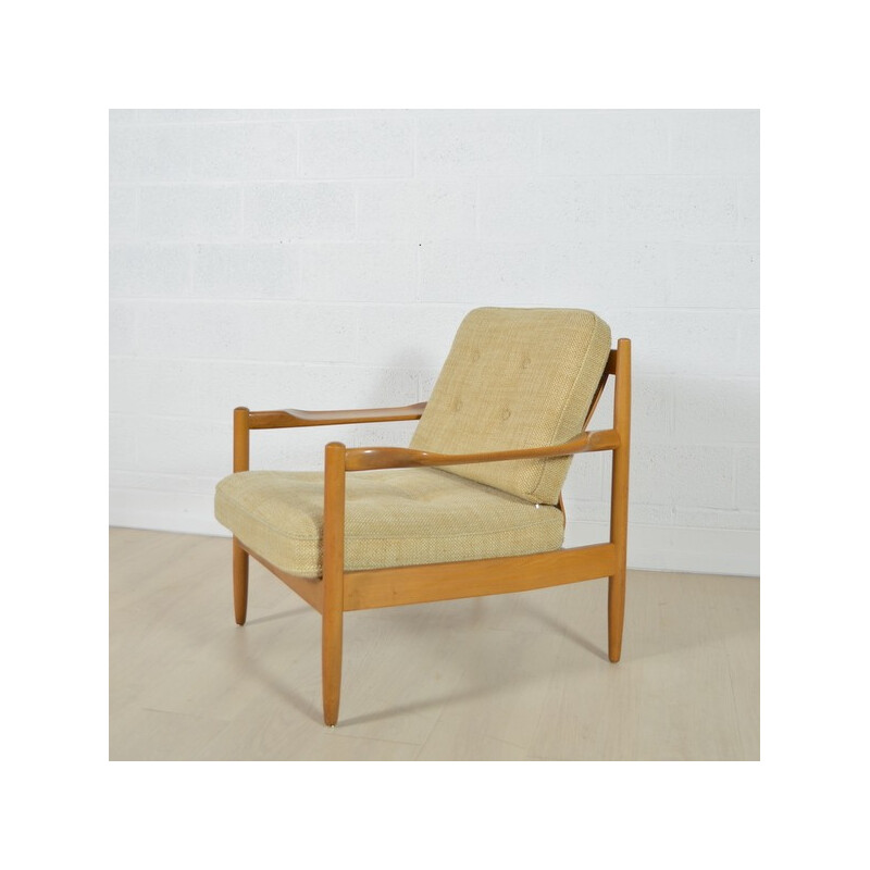 Fauteuil scandinave en bois blond et tissu beige - 1960