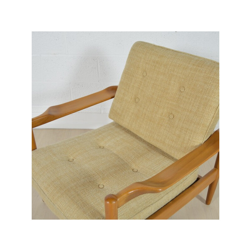 Danish armchair in light wood and beige fabric - 1960s