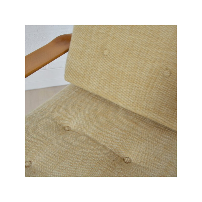 Fauteuil scandinave en bois blond et tissu beige - 1960