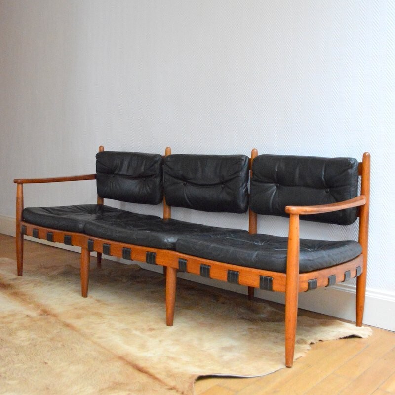 3-seater sofa in teak and black leather, Arne NORELL - 1960s