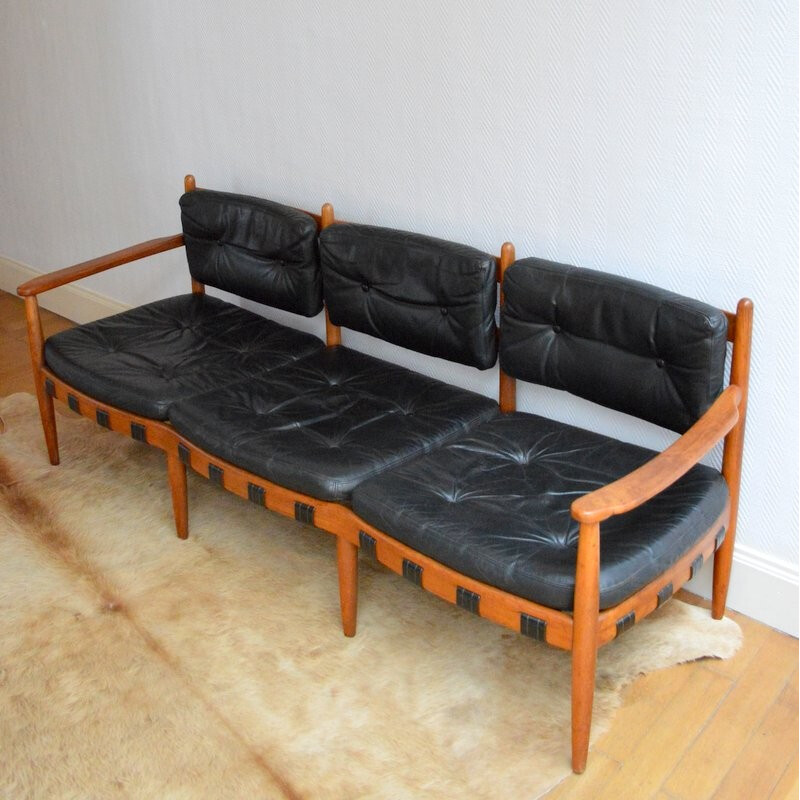 3-seater sofa in teak and black leather, Arne NORELL - 1960s